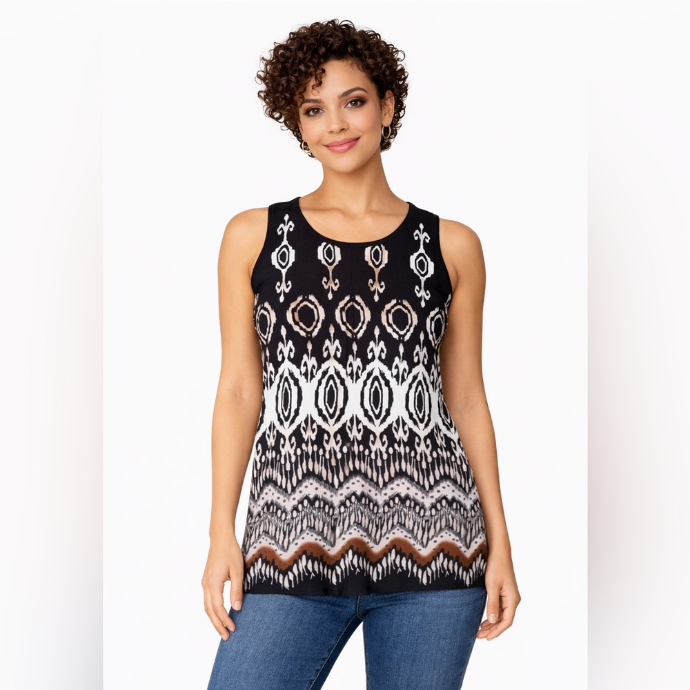Antilia Femme Sleeveless Tribal Print Top‎ Small Black White Brown Boho Tank